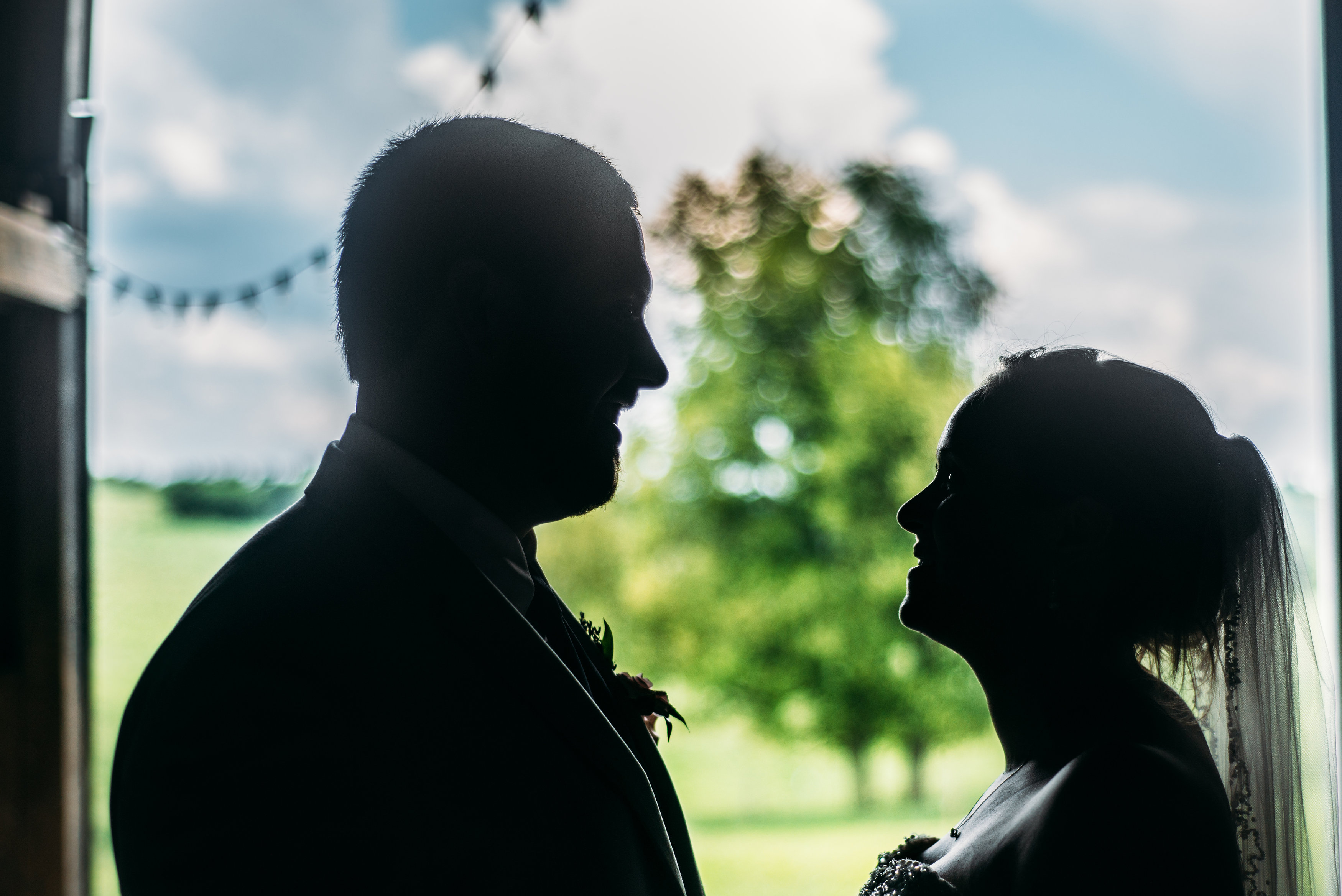 Silhouette photo of bride and groom with farm backdrop