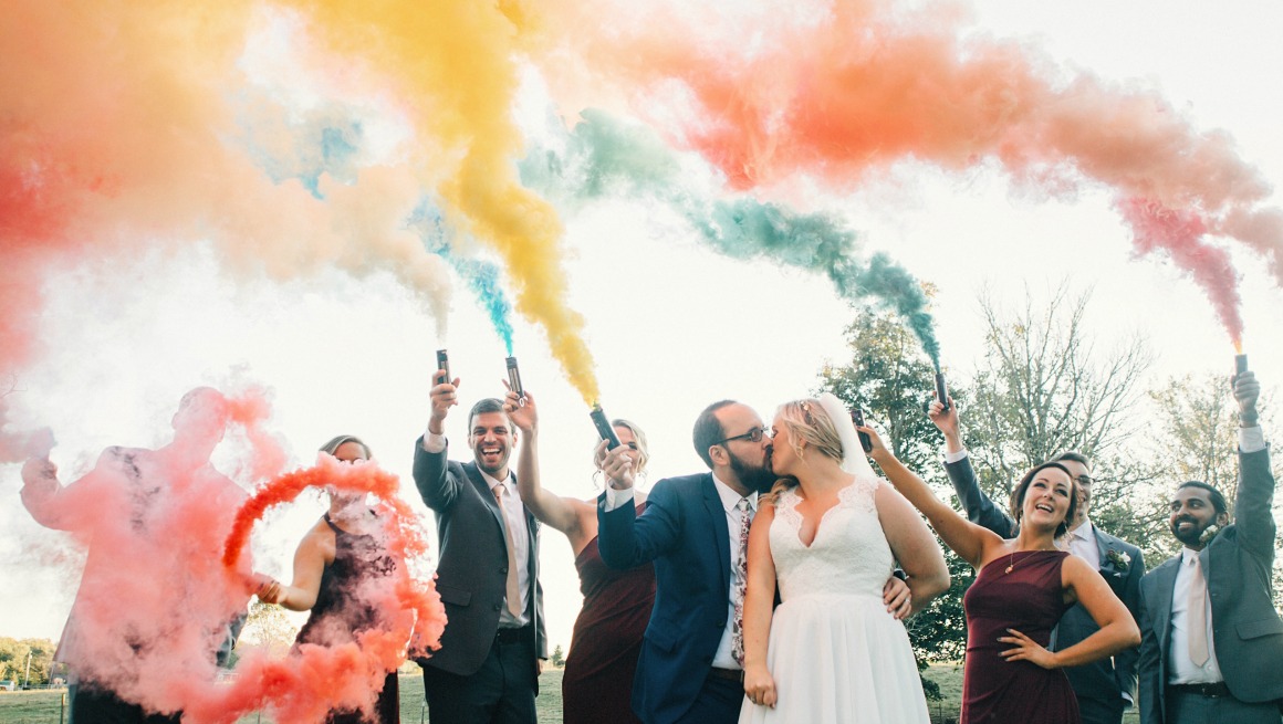 Wedding Party with Color Smoke Bombs