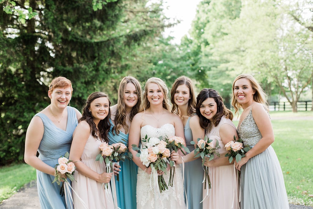 Bridal Party in mix and match dresses, blue & pink